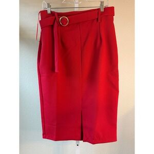 Vesper Red Belted Pencil Skirt Knee‎ Length Gold Ring Slit Office Work